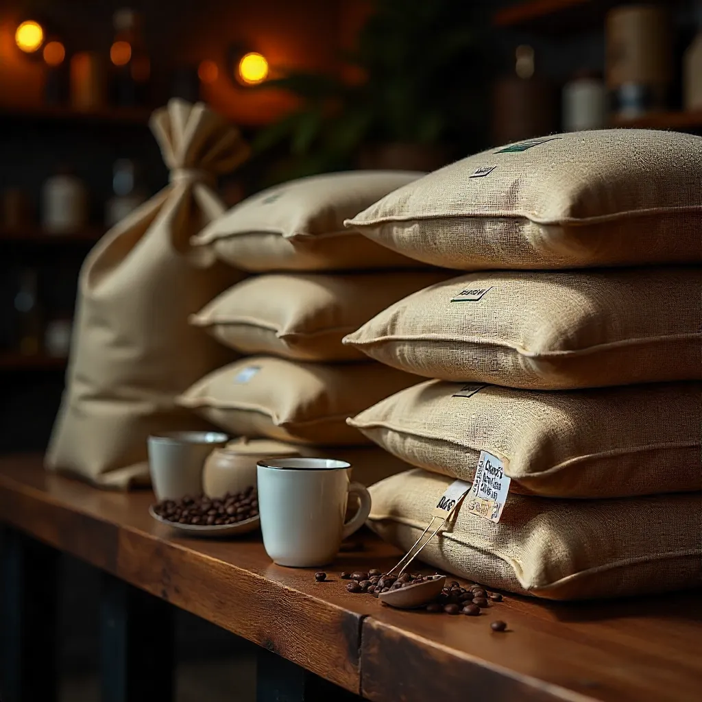 Colombian coffee beans in burlap sack